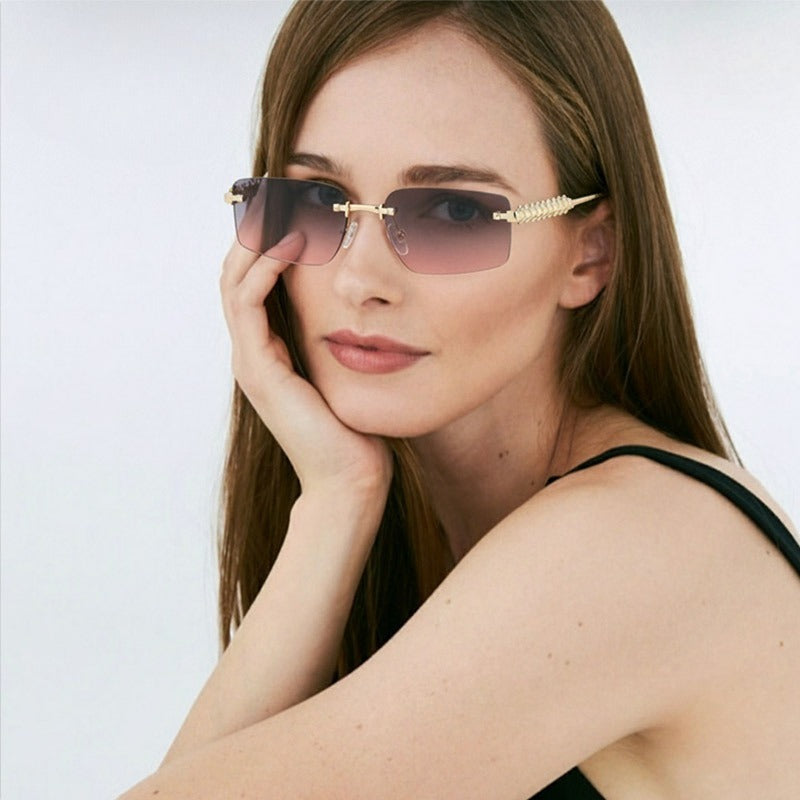 Lenstorm T1550 Rimless Ocean-Tint Gradient Narrow Square Fashion Sunglasses